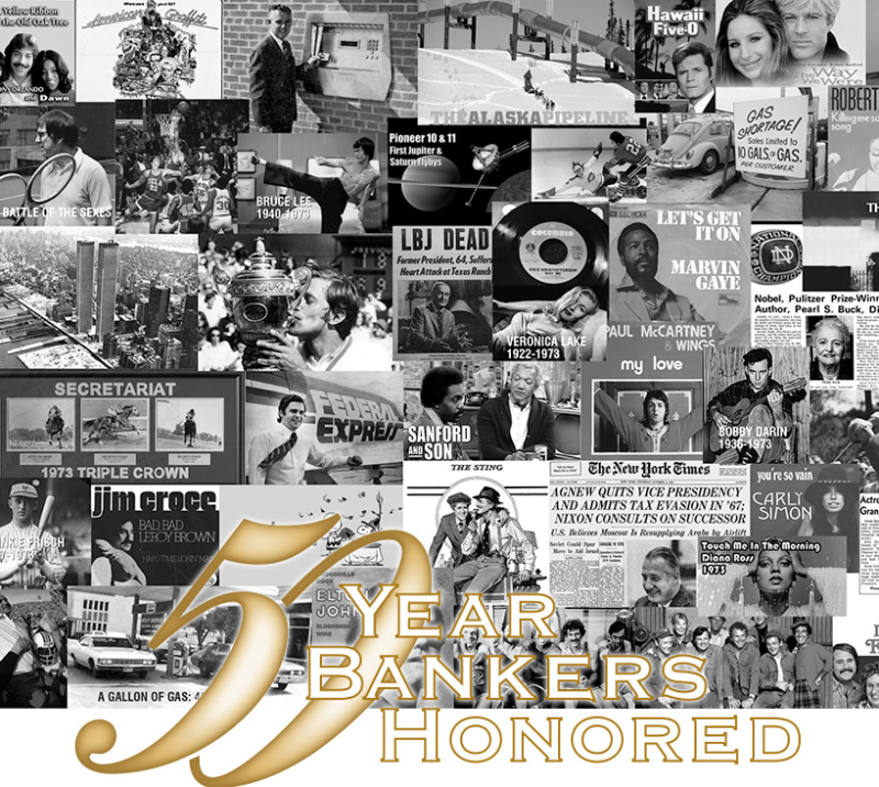 Collage of of black-and-white pictures and text saying 50 Year Bankers Honored