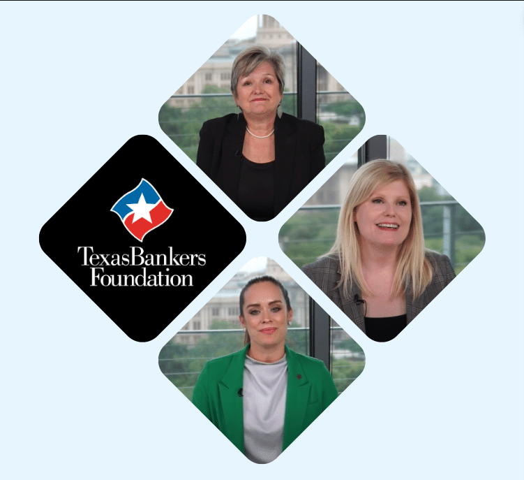 Texas Bankers Foundation logo and 3 photos of female bankers
