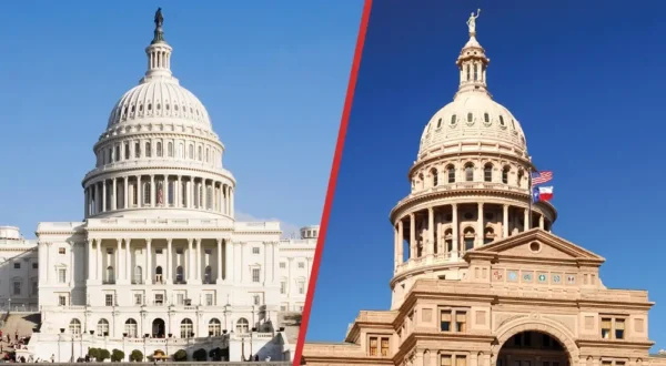 Two photos of a Texas Capitol building